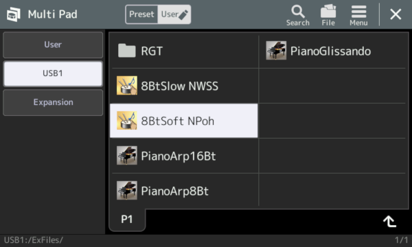 Multi Pad User USB1 screen showing multi pads in ExFiles folder.